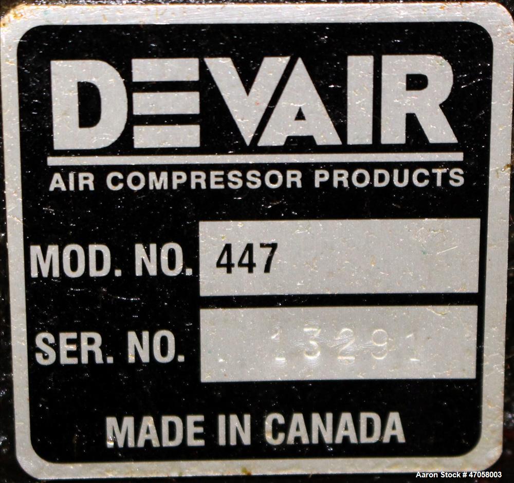 Used DeVair Piston Air Compressor, Model VAV-5062-43MS, 120 Gallon. Maximum pressure 175 psi. 51.8 CFM at 175 psi. Devair 447 Series compressor pump, serial# 13291. Driven by a 15hp, 3/60/208-230/460...