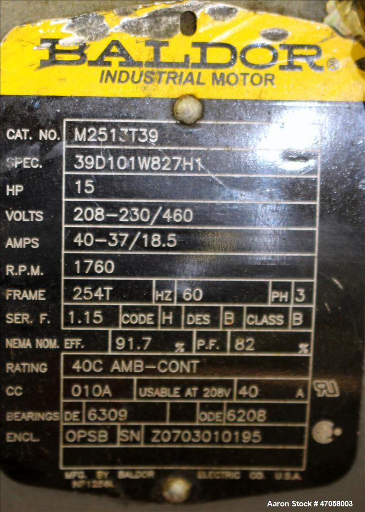 Used DeVair Piston Air Compressor, Model VAV-5062-43MS, 120 Gallon. Maximum pressure 175 psi. 51.8 CFM at 175 psi. Devair 447 Series compressor pump, serial# 13291. Driven by a 15hp, 3/60/208-230/460...