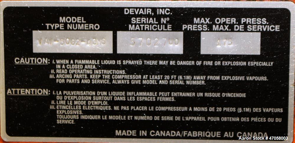 Used DeVair Piston Air Compressor, Model VAV-5062-43MS, 120 Gallon. Maximum pressure 175 psi. 51.8 CFM at 175 psi. Devair 447 Series compressor pump, serial# 13291. Driven by a 15hp, 3/60/208-230/460...