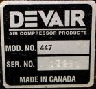 Used DeVair Piston Air Compressor, Model VAV-5062-43MS, 120 Gallon. Maximum pressure 175 psi. 51.8 CFM at 175 psi. Devair 447 Series compressor pump, serial# 13291. Driven by a 15hp, 3/60/208-230/460...