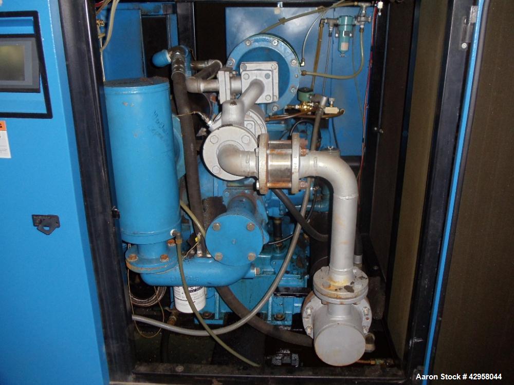Used Kobelco air compressor, KNW series, model KNW1-B/H/S, two stage, water cooled, 125 hp, 460 volt, 150 psig, 504 cfm with controls, serial# 94E0679. PRICE INCLUDES A 15% BUYERS PREMIUM.