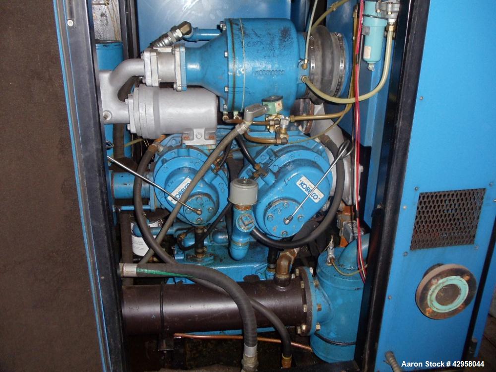 Used Kobelco air compressor, KNW series, model KNW1-B/H/S, two stage, water cooled, 125 hp, 460 volt, 150 psig, 504 cfm with controls, serial# 94E0679. PRICE INCLUDES A 15% BUYERS PREMIUM.