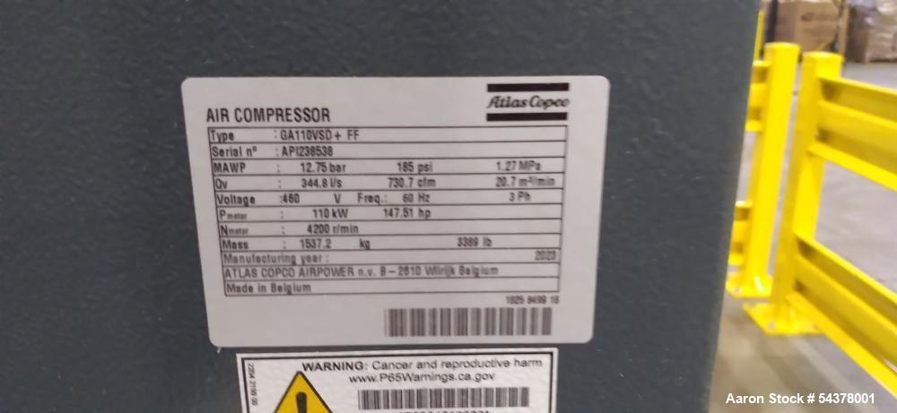 Dual Atlas Copco GA110 VSD+FF Rotary Screw Compressors with Air Receiver Tank