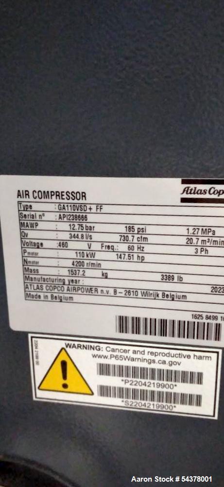 Dual Atlas Copco GA110 VSD+FF Rotary Screw Compressors with Air Receiver Tank