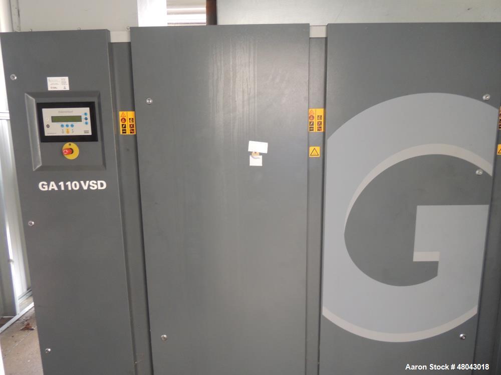 Used Atlas Copco One Stage Lubricated Screw Air Compressor. Model GA110VSP-AP. Rated 192 to 701 CFM @125PSI. Driven by 150 HP ABB Drive and Inverter Duty Main Drive Motor. Includes Sound Attenuated E...
