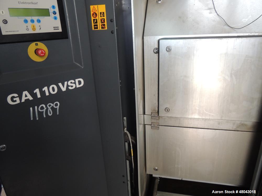 Used Atlas Copco One Stage Lubricated Screw Air Compressor. Model GA110VSP-AP. Rated 192 to 701 CFM @125PSI. Driven by 150 HP ABB Drive and Inverter Duty Main Drive Motor. Includes Sound Attenuated E...