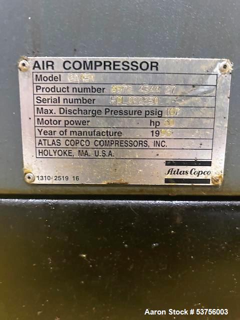 Used Industrial Rotary Screw Air Compressor, mfg by Atlas Copco, Model GA45