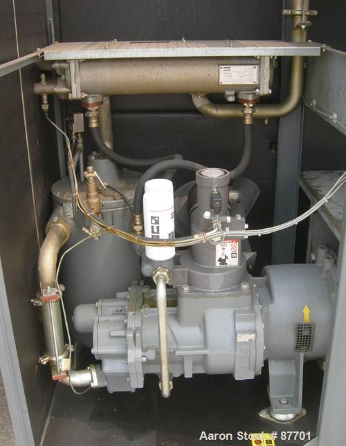 USED: Atlas Copco Stationary Rotary Screw Compressor, model GA55W. Rated max 132 psi, water cooled. Capacity approximately 328 cfm at 125 psi. Driven by a 75 hp, 3/60/230/460 volt, 3550 rpm motor. Un...