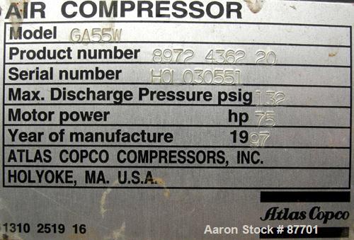 USED: Atlas Copco Stationary Rotary Screw Compressor, model GA55W. Rated max 132 psi, water cooled. Capacity approximately 328 cfm at 125 psi. Driven by a 75 hp, 3/60/230/460 volt, 3550 rpm motor. Un...
