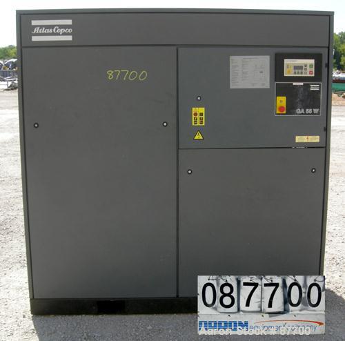 USED: Atlas Copco Stationary Rotary Screw Compresser, model GA55W. Rated max 132 psi, water cooled. Capacity approximately 328 cfm at 125 psi. Driven by a 75 hp, 3/60/230/460 volt, 3550 rpm motor. Un...