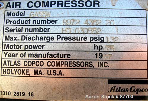 USED: Atlas Copco Stationary Rotary Screw Compresser, model GA55W. Rated max 132 psi, water cooled. Capacity approximately 328 cfm at 125 psi. Driven by a 75 hp, 3/60/230/460 volt, 3550 rpm motor. Un...