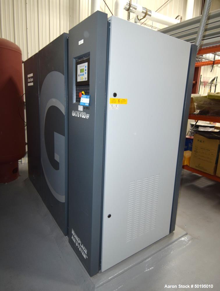 Used Atlas Copco Oil-Injected Rotary Screw Compressor, Model GA75VSF. Rated 518.5 CFM at 185 psi, 100hp motor, running time 14 hours on meter, Elektronikon II controller. Serial# API653263,  built 20...