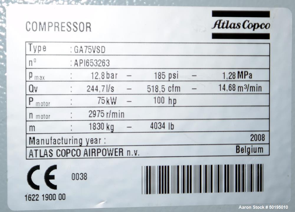 Used Atlas Copco Oil-Injected Rotary Screw Compressor, Model GA75VSF. Rated 518.5 CFM at 185 psi, 100hp motor, running time 14 hours on meter, Elektronikon II controller. Serial# API653263,  built 20...