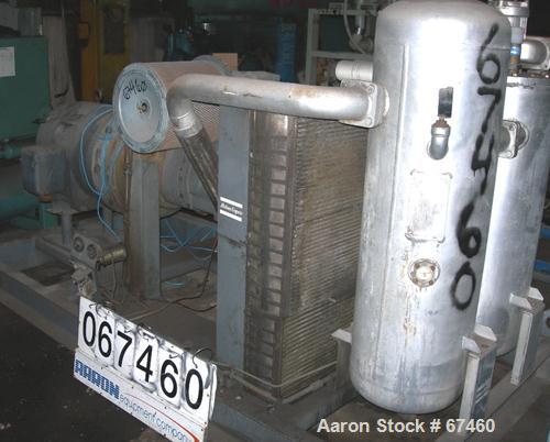 USED:Atlas Copco stationary rotary screw compressor, model GAU-807. Rated max 100 psi, air cooled, capacity approximately 410 cfm at 1770 rpm. Driven by a 100 hp, 3/60/230/460 volt, 1770 rpm motor. U...