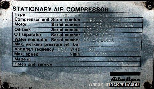 USED:Atlas Copco stationary rotary screw compressor, model GAU-807. Rated max 100 psi, air cooled, capacity approximately 410 cfm at 1770 rpm. Driven by a 100 hp, 3/60/230/460 volt, 1770 rpm motor. U...