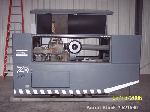 USED: Atlas Copco oil free rotary screw air compressor, model ZR-237.Water cooled, normal working pressure of 7 bar (100 psi), maximumworking pressure of 8.6 bar (125 psi), maximum motor shaft speed ...