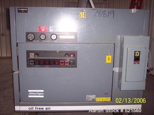 USED: Atlas Copco oil free rotary screw air compressor, model ZR-237.Water cooled, normal working pressure of 7 bar (100 psi), maximumworking pressure of 8.6 bar (125 psi), maximum motor shaft speed ...