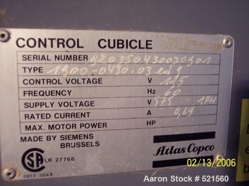 USED: Atlas Copco oil free rotary screw air compressor, model ZR-237.Water cooled, normal working pressure of 7 bar (100 psi), maximumworking pressure of 8.6 bar (125 psi), maximum motor shaft speed ...