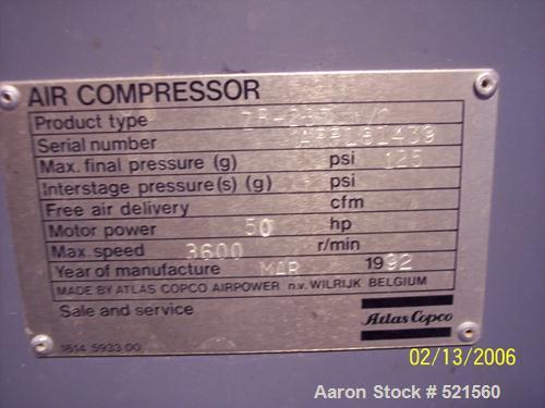 USED: Atlas Copco oil free rotary screw air compressor, model ZR-237.Water cooled, normal working pressure of 7 bar (100 psi), maximumworking pressure of 8.6 bar (125 psi), maximum motor shaft speed ...