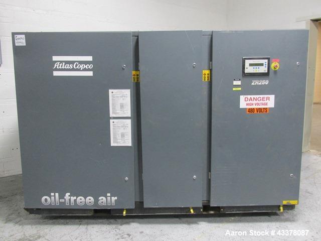 Used- Atlas Copco Water Cooled Oil Free Rotary Screw Compressor, Model ZR250. Rated 1100 CFM, 125 psi. Driven by a 300hp, 46...