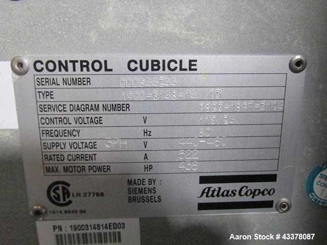 Used Atlas Copco Water Cooled Oil Free Rotary Screw Compressor, Model ZR250. Rated 1100 CFM, 125 psi. Driven by a 300hp, 460 volt motor. Includes an Atlas Copco MD600 air dryer, serial# AIF088363, an...