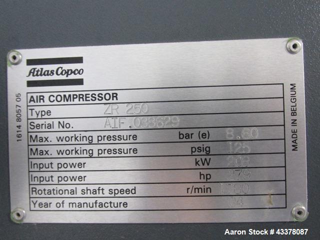 Used Atlas Copco Water Cooled Oil Free Rotary Screw Compressor, Model ZR250. Rated 1100 CFM, 125 psi. Driven by a 300hp, 460 volt motor. Includes an Atlas Copco MD600 air dryer, serial# AIF088363, an...