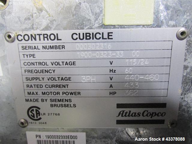 Used Atlas Copco Water Cooled Oil Free Rotary Screw Compressor, Model ZR250. Rated 1100 CFM, 125 psi. Driven by a 300hp, 460 volt motor. Includes an Atlas Copco MD600 air dryer, serial# AID011985, an...