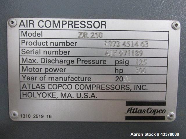 Used Atlas Copco Water Cooled Oil Free Rotary Screw Compressor, Model ZR250. Rated 1100 CFM, 125 psi. Driven by a 300hp, 460 volt motor. Includes an Atlas Copco MD600 air dryer, serial# AID011985, an...