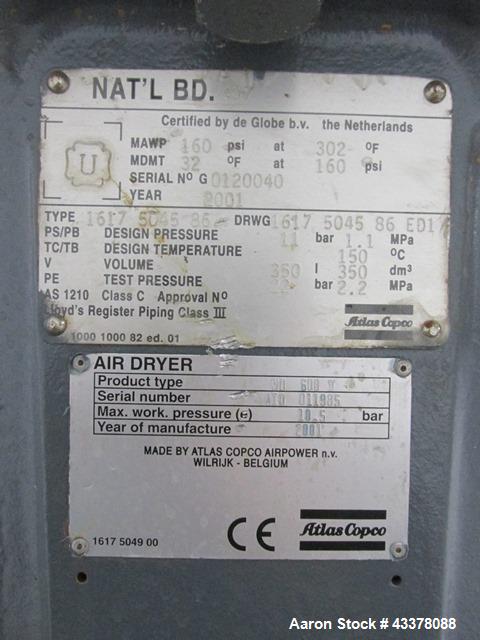 Used Atlas Copco Water Cooled Oil Free Rotary Screw Compressor, Model ZR250. Rated 1100 CFM, 125 psi. Driven by a 300hp, 460 volt motor. Includes an Atlas Copco MD600 air dryer, serial# AID011985, an...