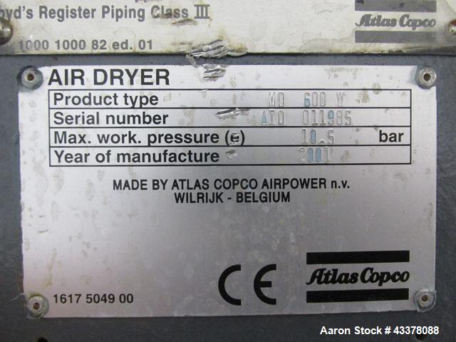 Used Atlas Copco Water Cooled Oil Free Rotary Screw Compressor, Model ZR250. Rated 1100 CFM, 125 psi. Driven by a 300hp, 460 volt motor. Includes an Atlas Copco MD600 air dryer, serial# AID011985, an...