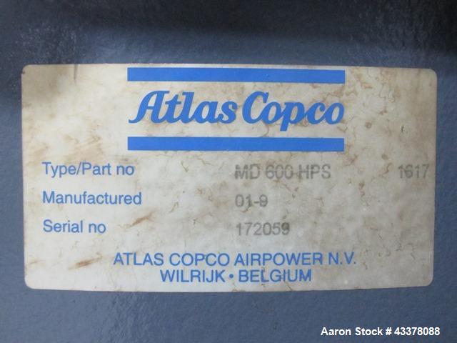 Used Atlas Copco Water Cooled Oil Free Rotary Screw Compressor, Model ZR250. Rated 1100 CFM, 125 psi. Driven by a 300hp, 460 volt motor. Includes an Atlas Copco MD600 air dryer, serial# AID011985, an...