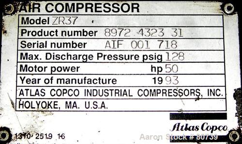 Used Atlas Copco Two Stage Oil Free Rotary Screw Compressor, Model ZR37. Water cooled. Rated approximately 181 cfm at 128 psig. Driven by a 50 hp motor. Enclosed in a sound dampening cabinet. 44,085 ...