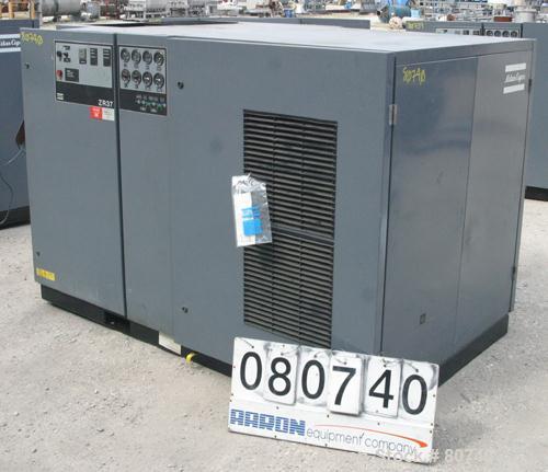 Used Atlas Copco Two Stage Oil Free Rotary Screw Compressor, Model ZR37. Water cooled. Rated approximately 181 cfm at 128 psig. Driven by a 50 hp motor. Enclosed in a sound dampening cabinet. 41,223 ...