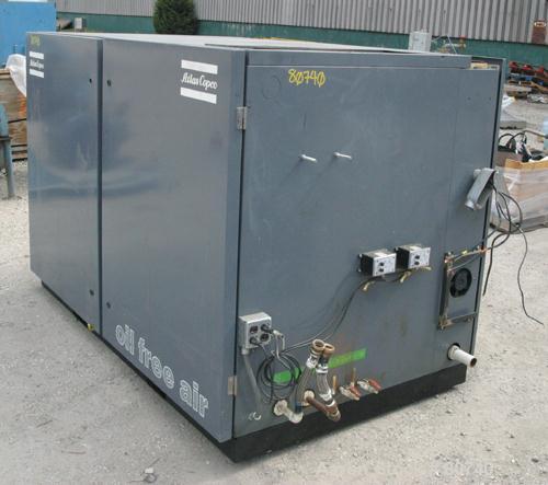 Used Atlas Copco Two Stage Oil Free Rotary Screw Compressor, Model ZR37. Water cooled. Rated approximately 181 cfm at 128 psig. Driven by a 50 hp motor. Enclosed in a sound dampening cabinet. 41,223 ...