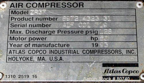 Used Atlas Copco Two Stage Oil Free Rotary Screw Compressor, Model ZR37. Water cooled. Rated approximately 181 cfm at 128 psig. Driven by a 50 hp motor. Enclosed in a sound dampening cabinet. 41,223 ...