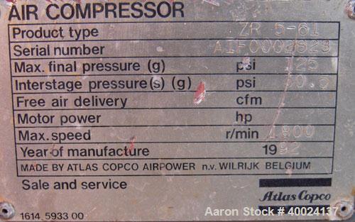 Used Atlas Copco 2 Stage Rotary Screw Compressor, Model ZR5-61. Water cooled, 1600 SCFM at 125 psi at 1800 rpm. Driven by a 450 hp, 3/60/4000 volt, 1785 rpm motor. Includes a control panel and sound ...
