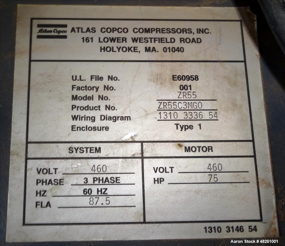 Used Atlas Copco Oil Free Air Rotary Screw Air Compressor, Model ZR55