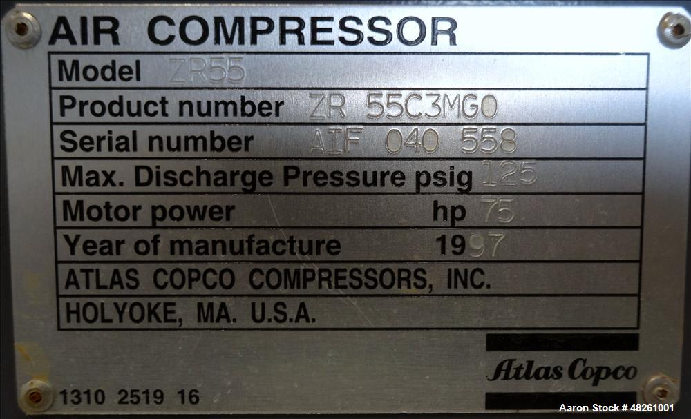 Used- Atlas Copco Oil Free Air Rotary Screw Air Compressor, Model ZR55