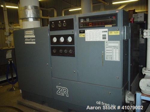 Used Atlas Copco Compressor, Model ZRC3. Oil free/water cooled, 100 hp, final pressure bar 10.5, interstage pressure 2.2, free air delivery 204, max speed 1800 rpm. Manufactured 1988.