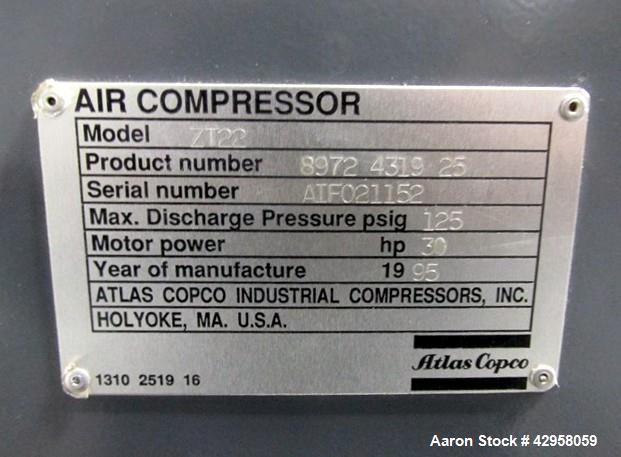 Used Atlas Copco Oil Free Air Compressor, Model ZT22. 30hp, 125 psi, 113 cfm with controls, 15865 hours, serial# AIF021152. With Pioneer dual desiccant air dryer, model PHL-100, rated 100 psi at 110 ...