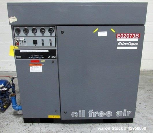 Used Atlas Copco Oil Free Air Compressor, Model ZT22. 30hp, 125 psi, 113 cfm with controls, 21013 hours, serial# AIF021153 with Pioneer dual desiccant air dryer, model PHL-100, rated 100 psi at 110 c...