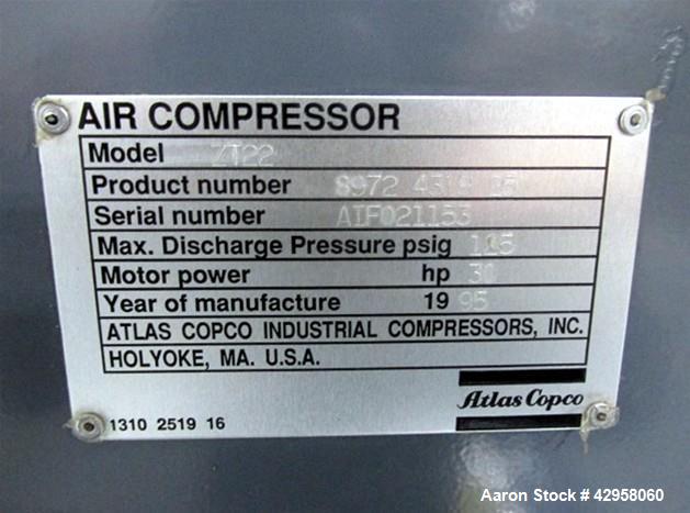 Used Atlas Copco Oil Free Air Compressor, Model ZT22. 30hp, 125 psi, 113 cfm with controls, 21013 hours, serial# AIF021153 with Pioneer dual desiccant air dryer, model PHL-100, rated 100 psi at 110 c...