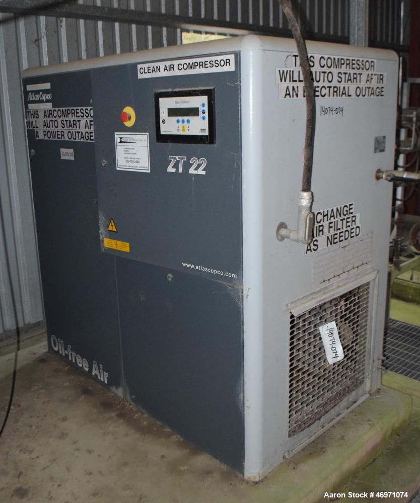 Used Atlas Copco Oil Free Rotary Screw Compressor, Model ZT 22. Air cooled, 117.2 CFM at 124 psi. Driven by a 30hp motor. Includes an Elektronikon controller. Serial# AII705773, built 2006.