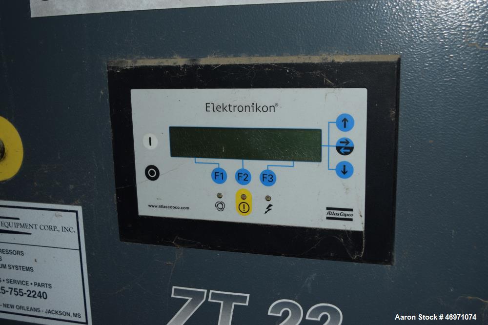 Used Atlas Copco Oil Free Rotary Screw Compressor, Model ZT 22. Air cooled, 117.2 CFM at 124 psi. Driven by a 30hp motor. Includes an Elektronikon controller. Serial# AII705773, built 2006.