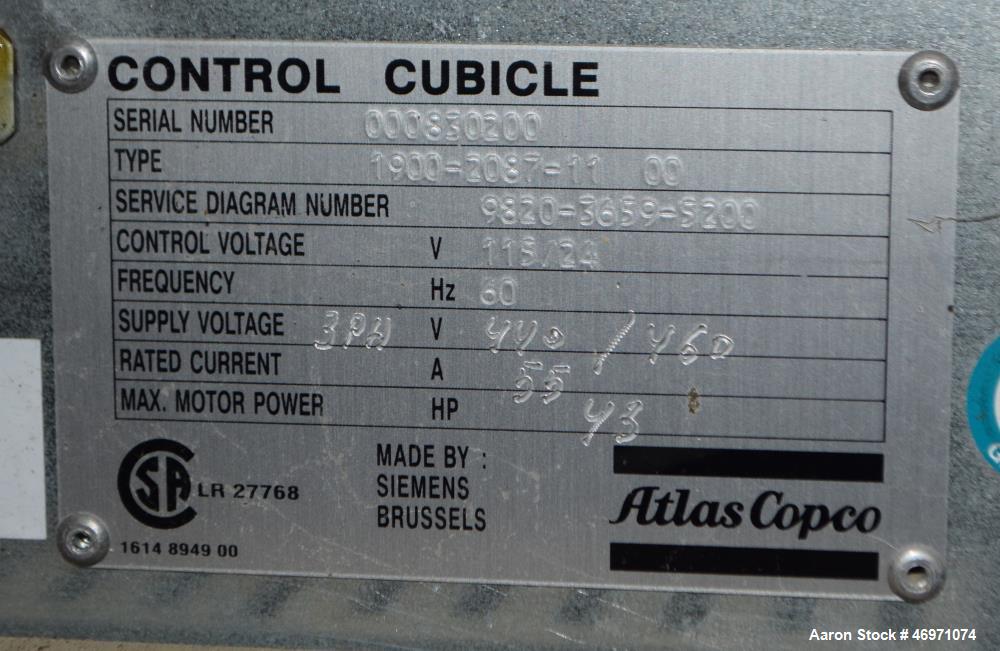 Used Atlas Copco Oil Free Rotary Screw Compressor, Model ZT 22. Air cooled, 117.2 CFM at 124 psi. Driven by a 30hp motor. Includes an Elektronikon controller. Serial# AII705773, built 2006.