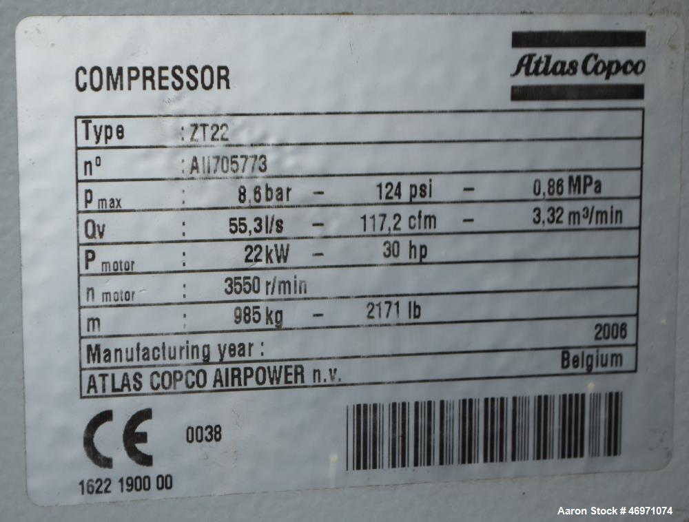 Used Atlas Copco Oil Free Rotary Screw Compressor, Model ZT 22. Air cooled, 117.2 CFM at 124 psi. Driven by a 30hp motor. Includes an Elektronikon controller. Serial# AII705773, built 2006.