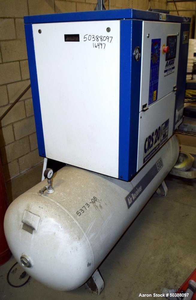 Used FIAC Encapsulated Rotary Screw Air Compressor, Model CRSD 20/500. 65 CFM, driven by an approximate 20hp motor. Includes an air dryer, and receiving tank. Serial# BG-62641, built 2007.