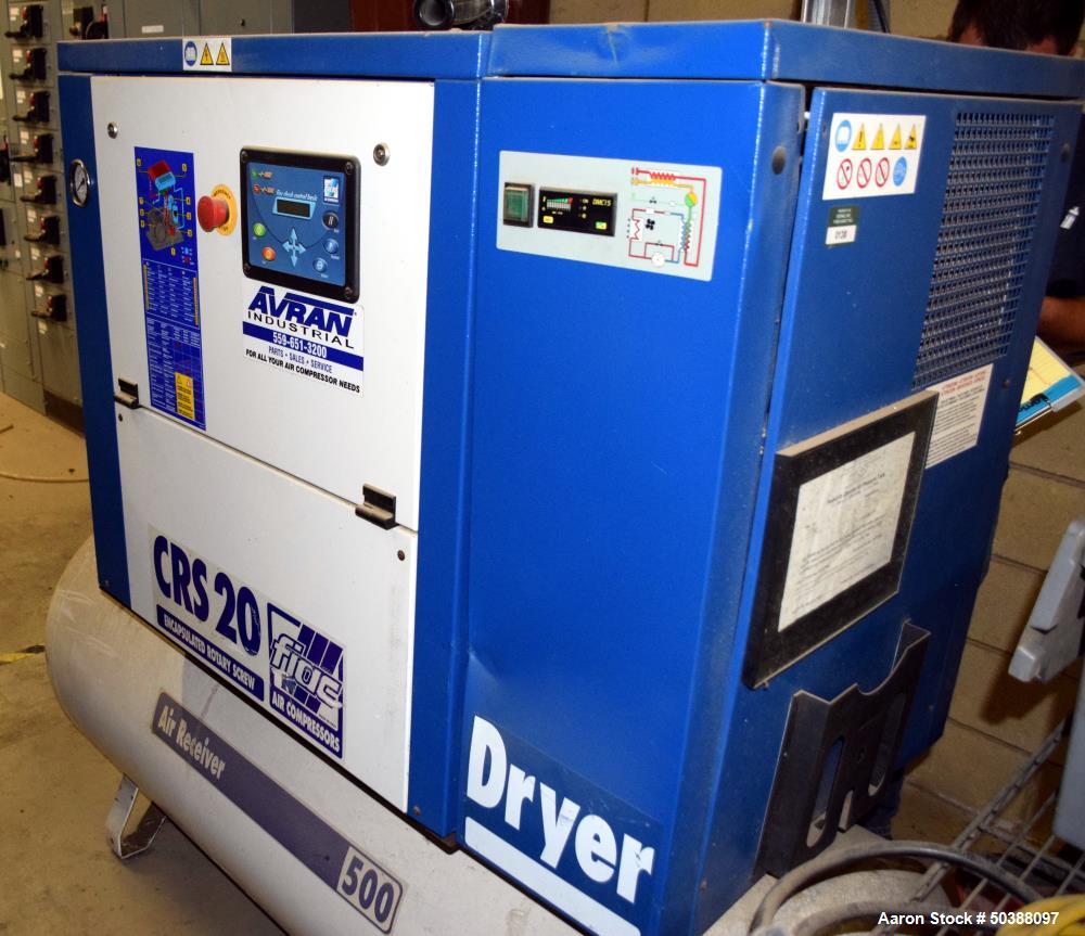 Used FIAC Encapsulated Rotary Screw Air Compressor, Model CRSD 20/500. 65 CFM, driven by an approximate 20hp motor. Includes an air dryer, and receiving tank. Serial# BG-62641, built 2007.