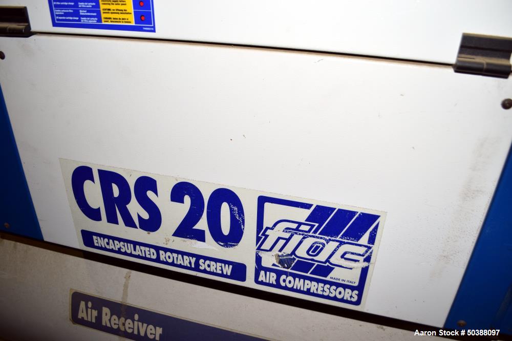 Used FIAC Encapsulated Rotary Screw Air Compressor, Model CRSD 20/500. 65 CFM, driven by an approximate 20hp motor. Includes an air dryer, and receiving tank. Serial# BG-62641, built 2007.