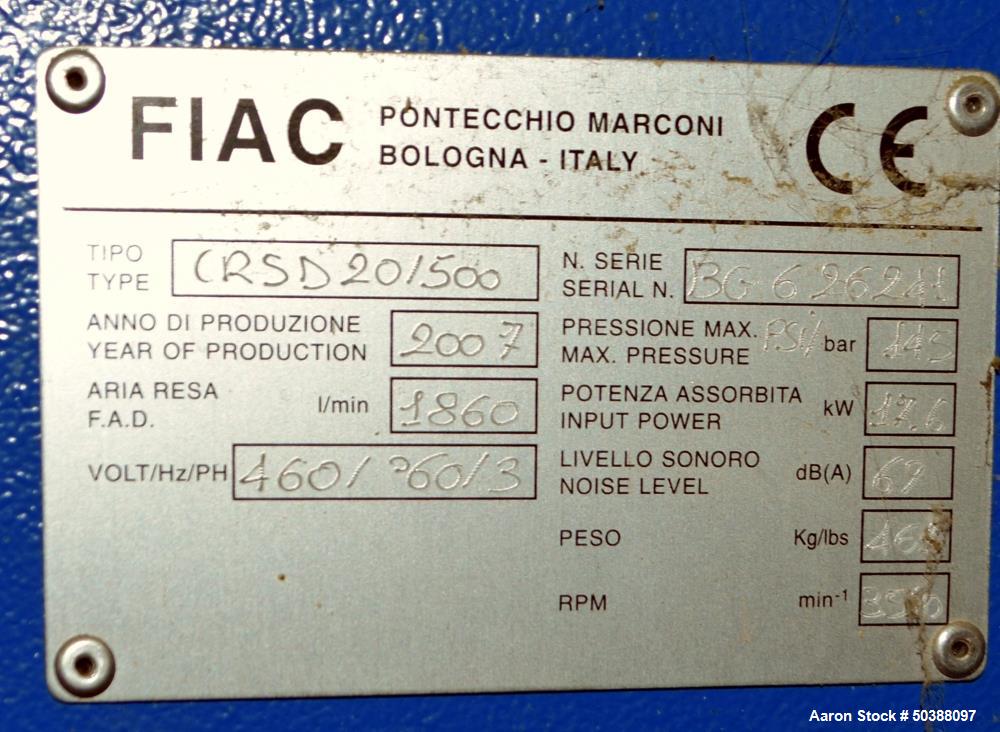 Used FIAC Encapsulated Rotary Screw Air Compressor, Model CRSD 20/500. 65 CFM, driven by an approximate 20hp motor. Includes an air dryer, and receiving tank. Serial# BG-62641, built 2007.